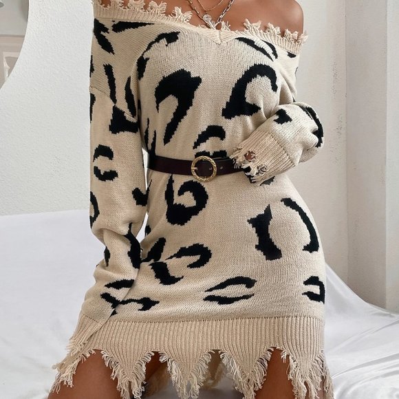 leopard print v-neck distressed sweater dress chic sassy - Picture 5 of 7